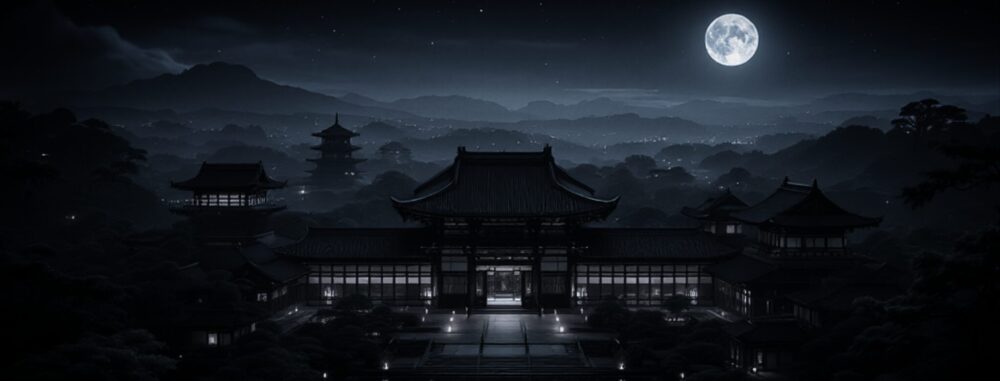 奈良時代。月明かりに照らされた夜の寝殿造。