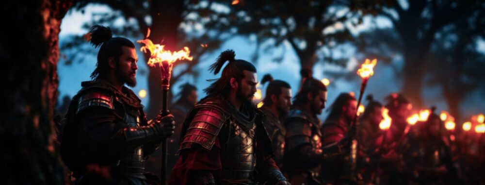 戦国時代。小さな灯り、松明を持ち、戦を始めようとする武将。