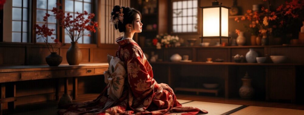 江戸時代。和室で行灯に黄昏る遊郭の遊女