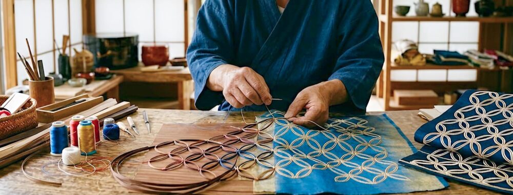 日本の伝統的な工房で、職人が藍色の布に金糸で「七宝文様」を刺繍し願いを込めている様子。3:1のワイドな構図で、木製の作業台には糸や道具が並び、背景には和室の落ち着いた風景が広がるリアルな写真。