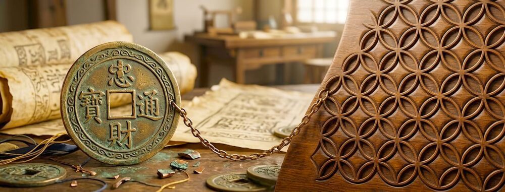 古代中国の護符「厭勝銭(えんしょうせん)」を模した古銭と、木彫りの繊細な「七宝文様」が並んだリアルなクローズアップ写真。背景には古びた巻物や歴史を感じさせる書斎が広がり、文様の起源を物語る3:1のパノラマ画像。