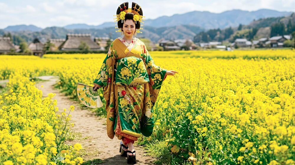 江戸時代の着物女性と菜の花畑の風景|日本の春・歴史イメージ